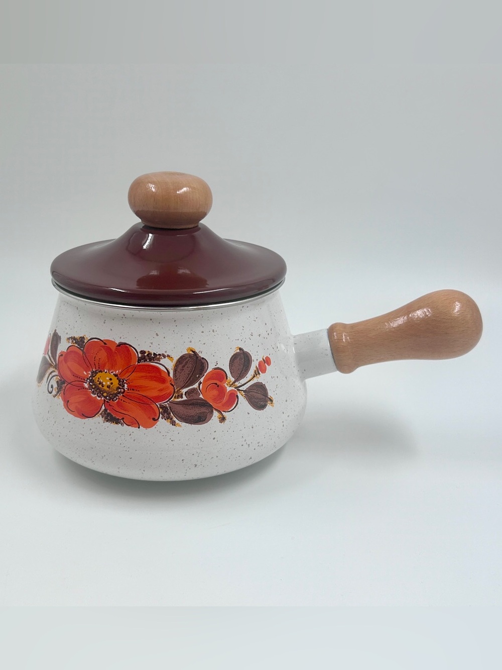 Floral Enamel Saucepan with Lid and Wooden Handle 8” Wide - White Orange Floral
